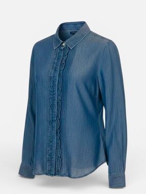 Tommy Hilfiger Denim Blue Ruffled Button Front Fitted Blouse